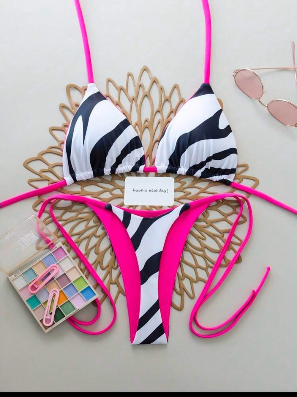 Hot Pink & Black Zebra Triangle Bikini - Women Swim Bikini